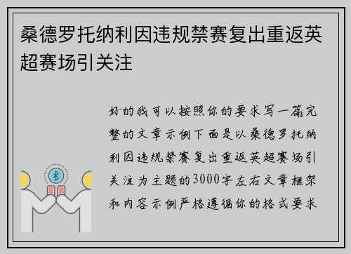 桑德罗托纳利因违规禁赛复出重返英超赛场引关注