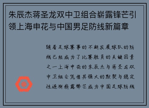 朱辰杰蒋圣龙双中卫组合崭露锋芒引领上海申花与中国男足防线新篇章