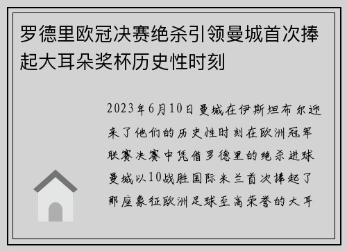 罗德里欧冠决赛绝杀引领曼城首次捧起大耳朵奖杯历史性时刻
